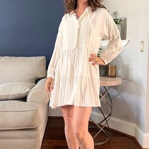 White Long-Sleeve  Rip-Curl Tiered Dress